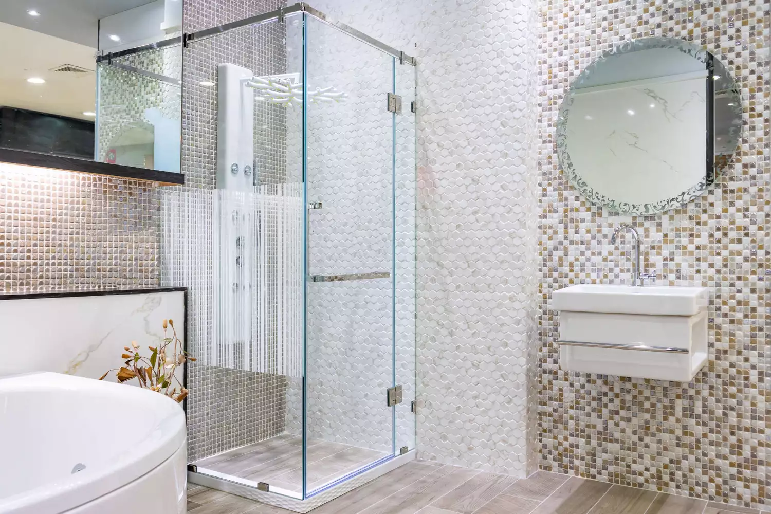 Glass shower cabin in stylish bathroom