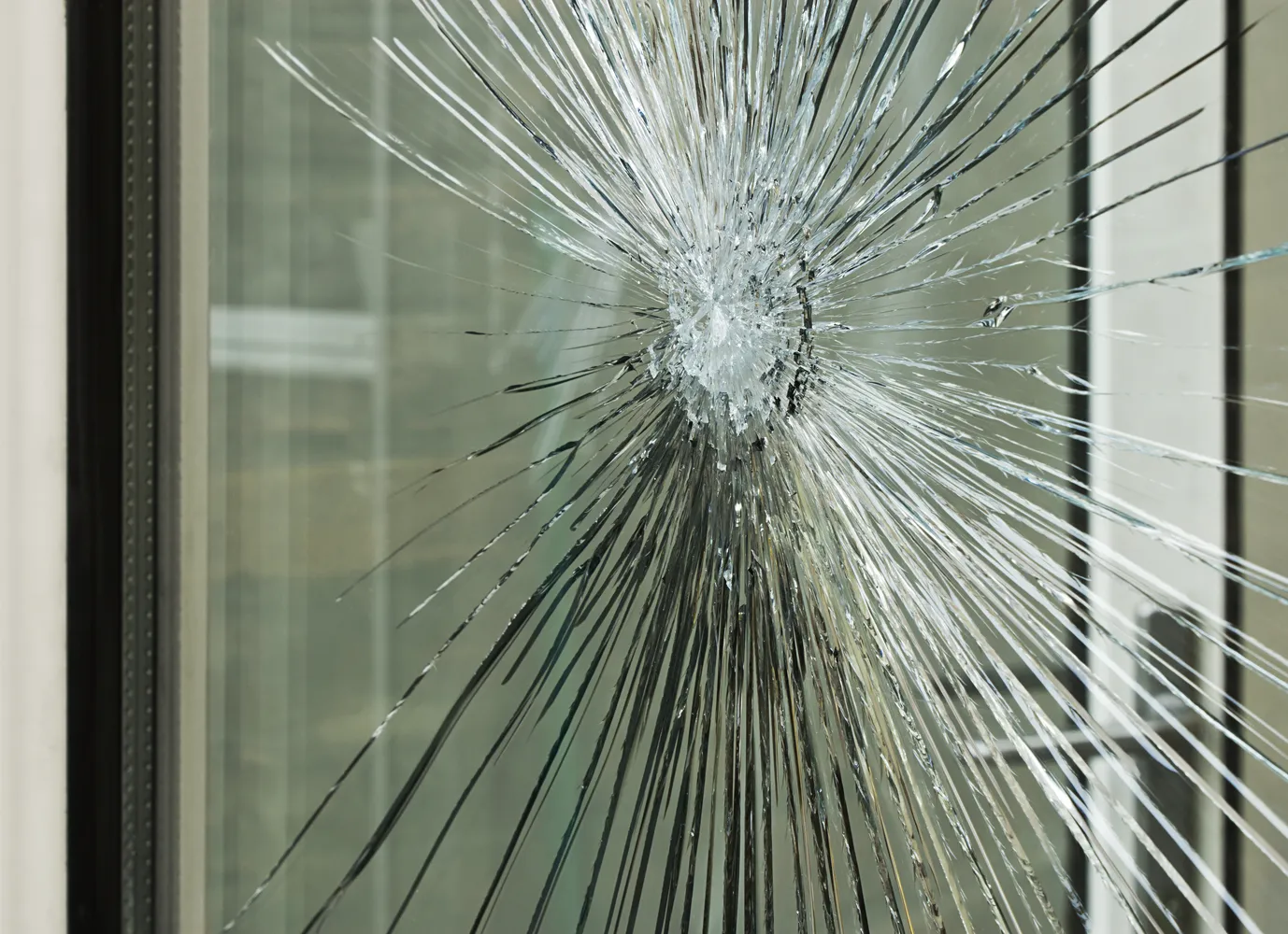 Broken glass with impact damage