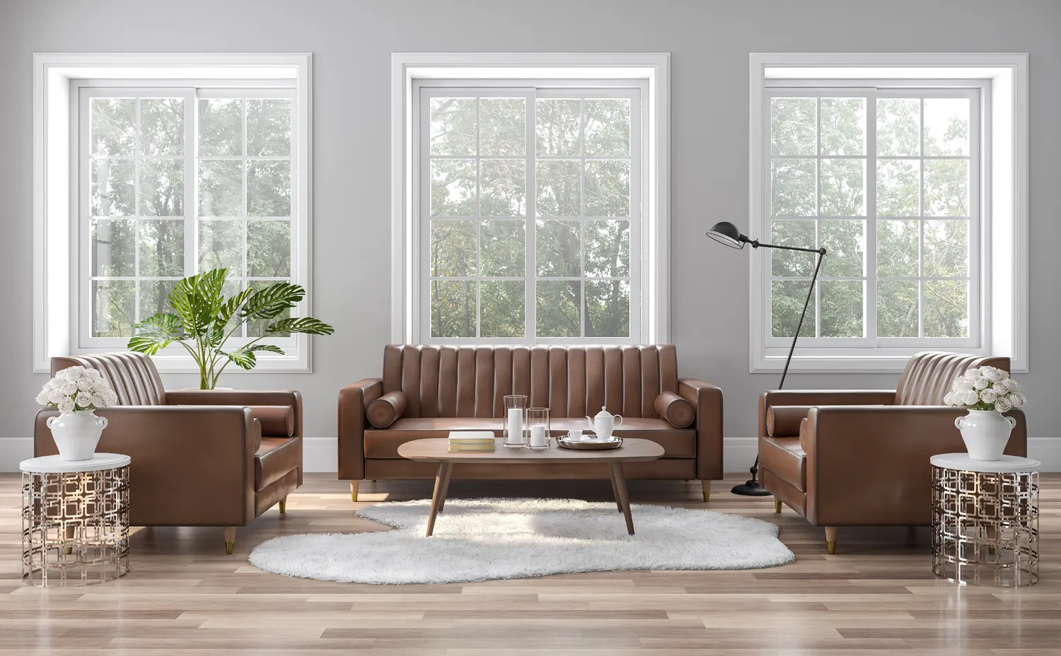 Bright living room with large energy-efficient windows and modern furniture