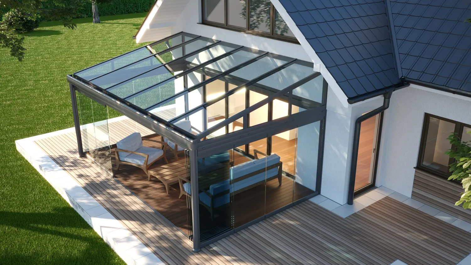 Modern glass patio enclosure attached to a house with wooden terrace